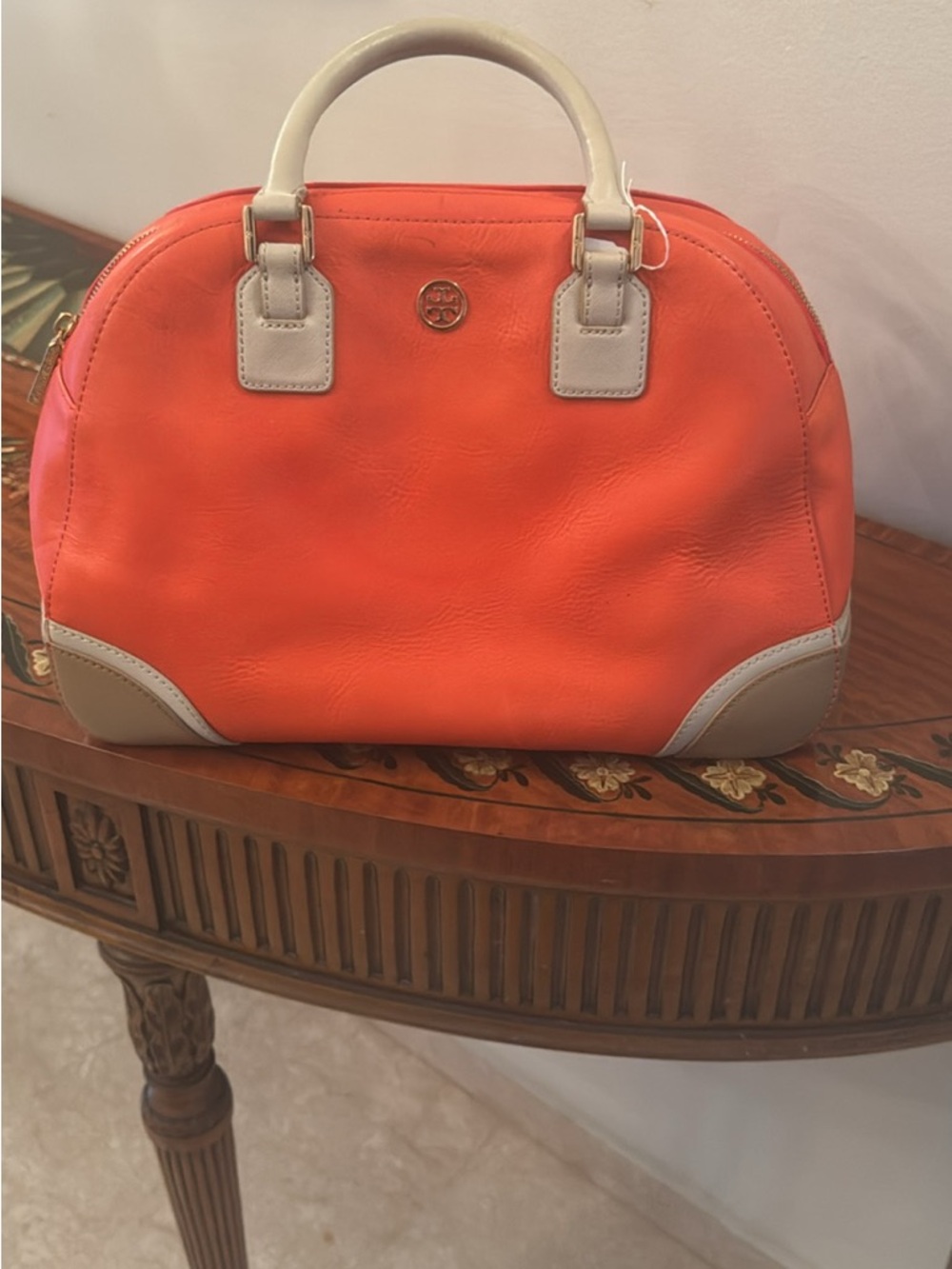 Tory Burch Orange and Cream Leather Satchel